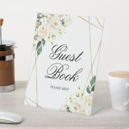 White Rose & Gold Lijst Shower Guest Book Sign Reclamebord Met Voetstuk