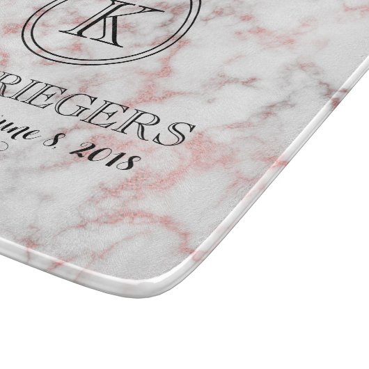 White Rose Gold Marble Monogram Weddenschap Snijplank (Hoek)