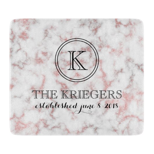 White Rose Gold Marble Monogram Weddenschap Snijplank (Voorkant)