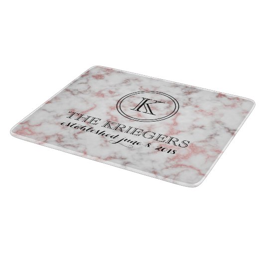 White Rose Gold Marble Monogram Weddenschap Snijplank (Hoek)