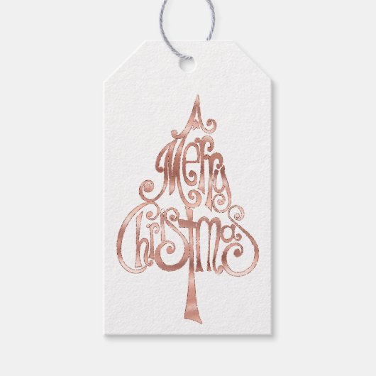White Rose Gold Merry Christmas Tree Cadeaulabel (Voorkant)