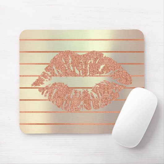 White Rose Gold Metallic Copper Stripes Lips Kiss Muismat (Met muis)