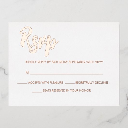 White Rose Gold Modern Script Calligraphy RSVP Folie Uitnodiging Briefkaart (Voorkant)