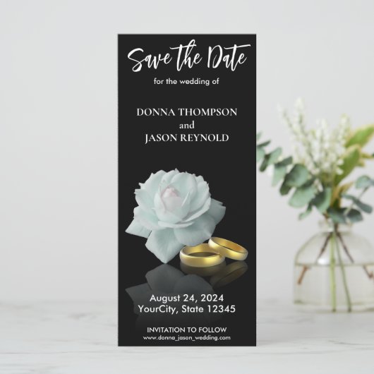 White Rose Gold Rings Elegant Save the Date Script (Staand voorkant)