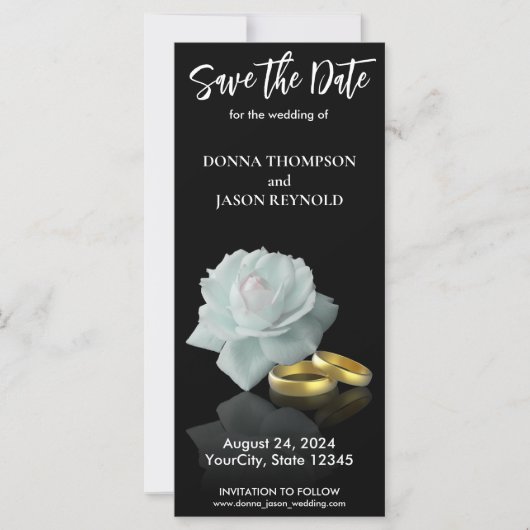 White Rose Gold Rings Elegant Save the Date Script (Voorkant)