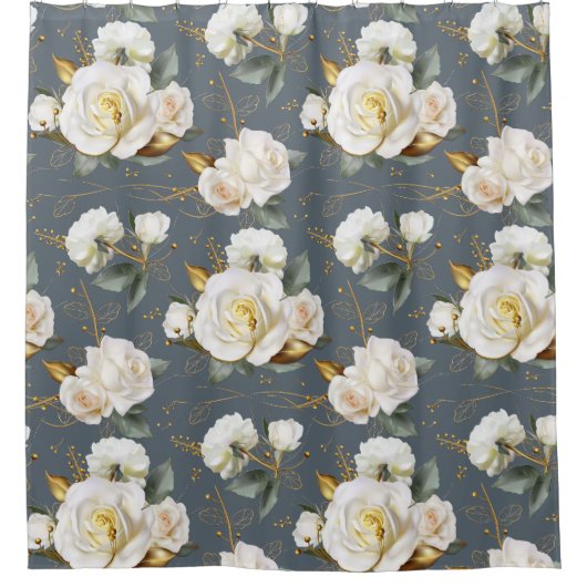 White Rose Gold Romantic Floral Douchegordijn (Voorkant)