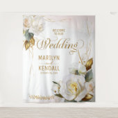 White Rose Gold Romantic Floral Wedding Backdrop Wandkleed (Voorkant)