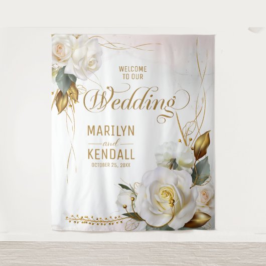 White Rose Gold Romantic Floral Wedding Backdrop Wandkleed (Voorkant)