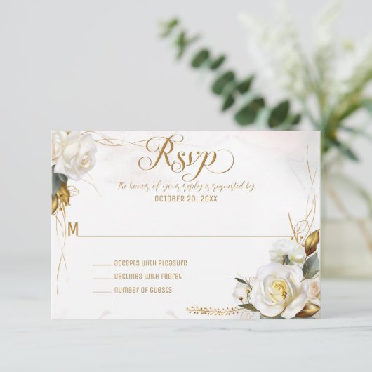 White Rose Gold Romantic Floral Wedding RSVP Kaart (Staand voorkant)