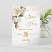 White Rose Gold Romantische Bloemen Save the Date Kaart (Staand voorkant)
