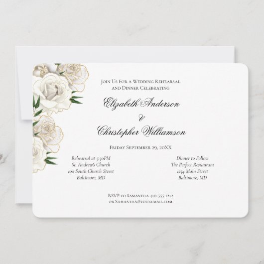 White Rose Gold Trim Elegante bruiloft repetitie Kaart (Voorkant)