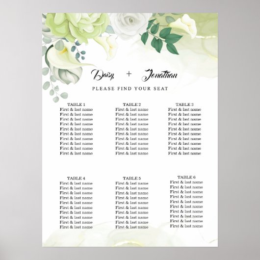 White Rose Green and White Floral Wedding Poster (Voorkant)