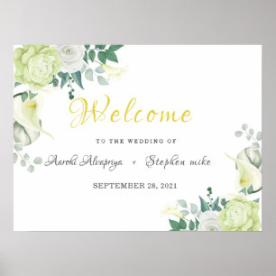White Rose Green en White Floral Welkomstteken Poster