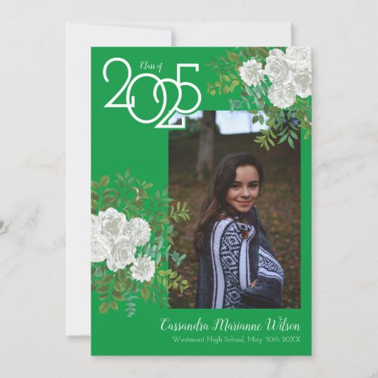 White Rose Green Foto Afstuderen Aankondiging (Voorkant)