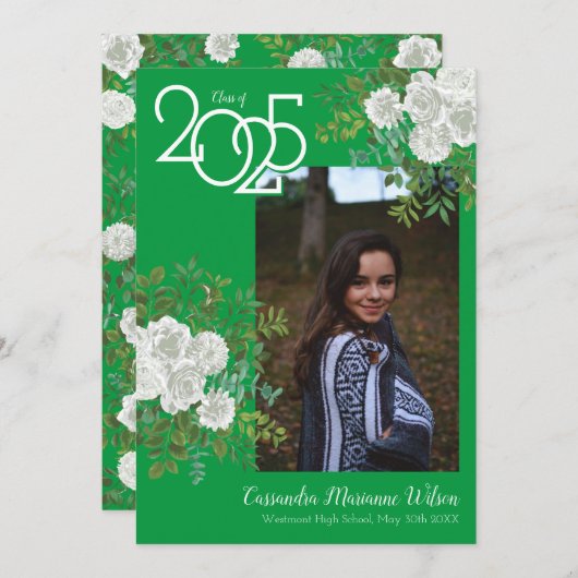 White Rose Green Foto Afstuderen Aankondiging (Voorkant / Achterkant)