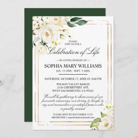 White Rose & Green Funeral Celebration of Life Kaart (Voorkant / Achterkant)