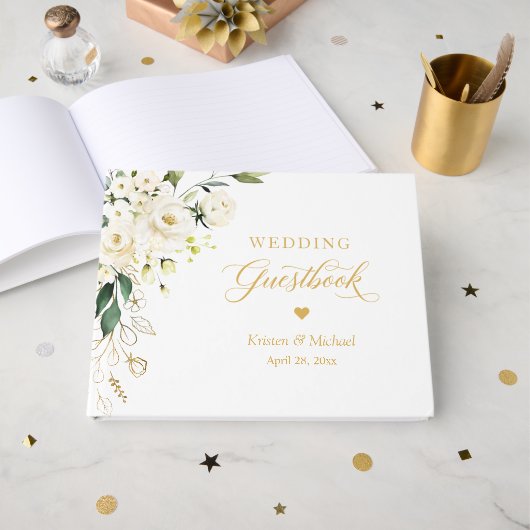 White Rose Greenery Bloemen Goud Tekst Trouwen Gastenboek (Voorkant open)