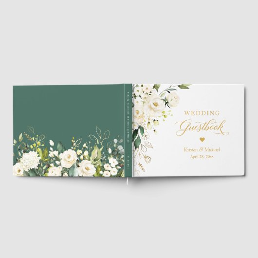White Rose Greenery Bloemen Goud Tekst Trouwen Gastenboek (Volledig)
