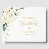 White Rose Greenery Bloemen Goud Tekst Trouwen Gastenboek (Voorkant)
