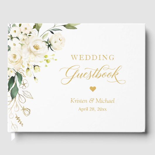 White Rose Greenery Bloemen Goud Tekst Trouwen Gastenboek (Voorkant)