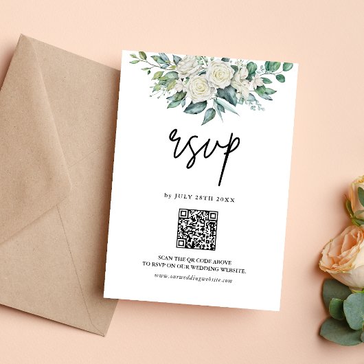 White Rose Greenery Bloemen QR Code Trouwen RSVP Kaartje