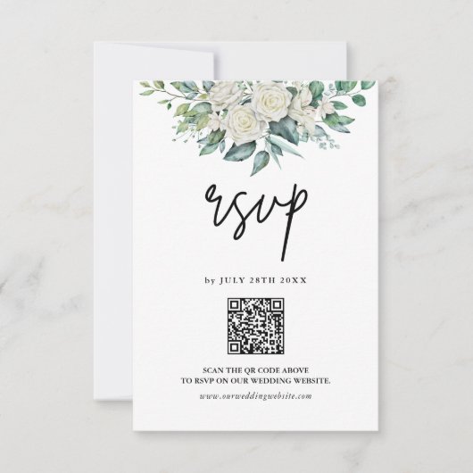 White Rose Greenery Bloemen QR Code Trouwen RSVP Kaartje (Voorkant)