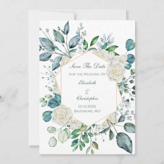 White Rose Greenery Eucalyptus Wedding Save The Date (Voorkant)