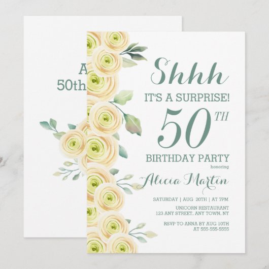 White Rose Greenery Flora Verrassing 50ste verjaar Kaart (Voorkant / Achterkant)