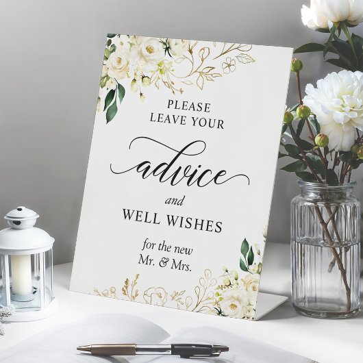 White Rose Greenery Floral Advice and Well Wishes Reclamebord Met Voetstuk