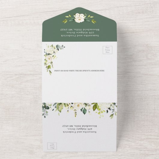 White Rose Greenery Wedding all in one All In One Uitnodiging (Buitenkant)