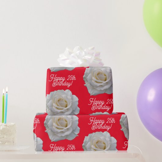 White Rose Happy Birthday Rood Cadeaupapier (Feestgeschenken)
