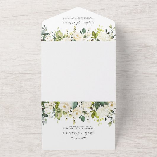 White Rose Hydrangea Elegant Geometric Wedding All In One Uitnodiging (Buitenkant)