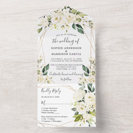 White Rose Hydrangea Elegant Geometric Wedding All In One Uitnodiging (Binnen)