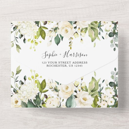 White Rose Hydrangea Elegant Geometric Wedding All In One Uitnodiging (Achterkant)