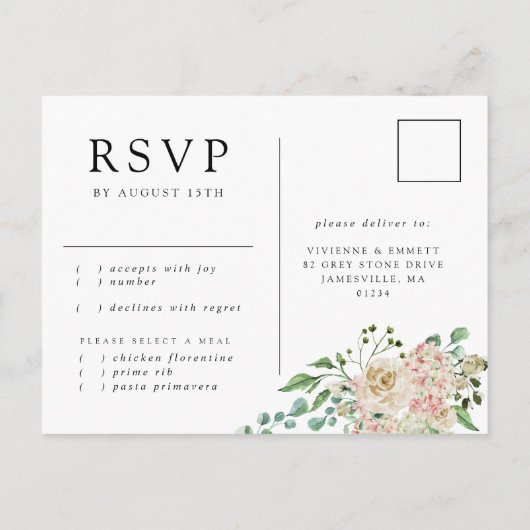 White Rose Hydrangea RSVP Briefkaart Maaltijd Keuz (Achterkant)