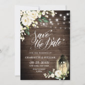 White Rose Lantern Rustic Wood Wedding Save The Date (Voorkant)