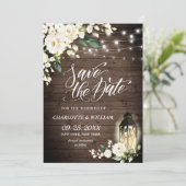 White Rose Lantern Rustic Wood Wedding Save The Date (Staand voorkant)
