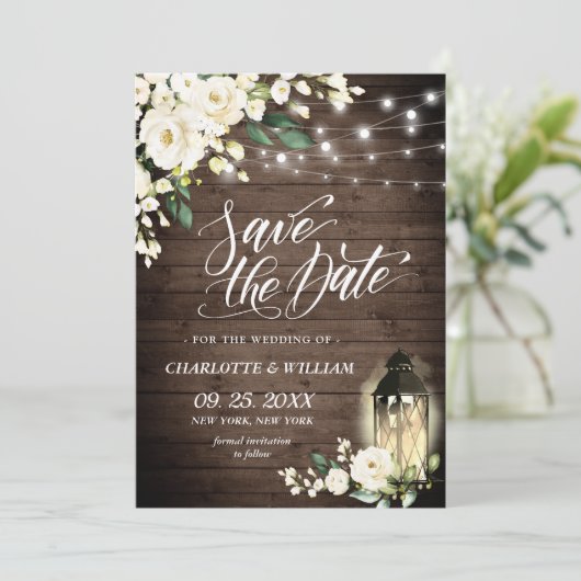 White Rose Lantern Rustic Wood Wedding Save The Date (Staand voorkant)