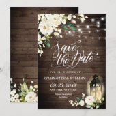 White Rose Lantern Rustic Wood Wedding Save The Date (Voorkant / Achterkant)