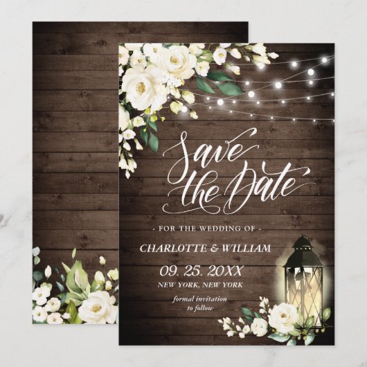White Rose Lantern Rustic Wood Wedding Save The Date (Voorkant / Achterkant)