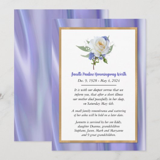 White Rose Lavendel Dood Aankondiging Kaart (Voorkant / Achterkant)