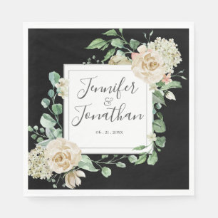 White Rose Lijst op Black met Couples Names Servet