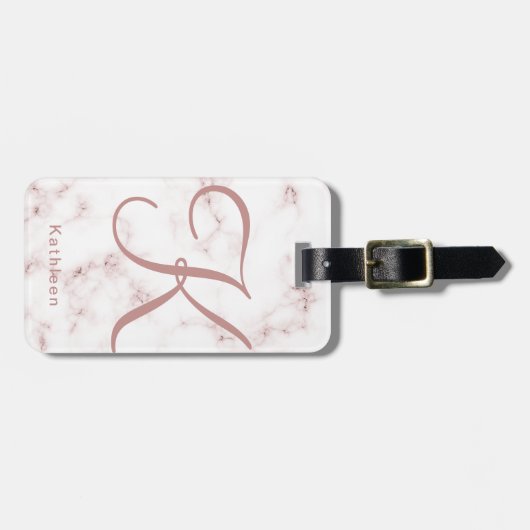 White Rose Marble Roos Gold Monogrammed Initiaal Bagagelabel (Voorkant horizontaal)
