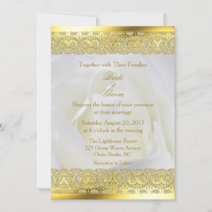 White Rose met Gold Lace Wedding Kaart