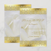 White Rose met Gold Lace Wedding RSVP Kaartje (Voorkant / Achterkant)