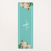 White Rose monogrammed blauwgroen Yogamat (Voorkant)