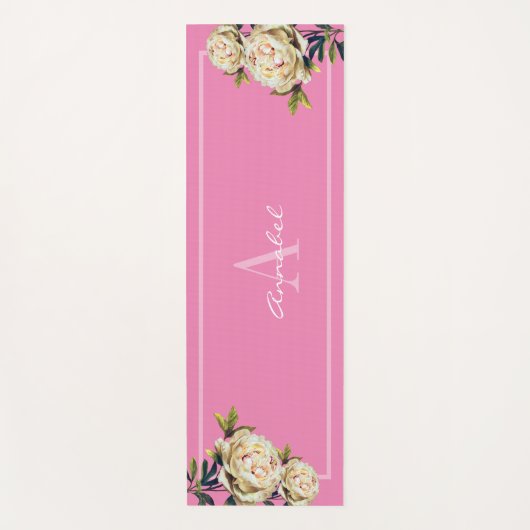 White Rose monogrammed roze Yogamat (Voorkant)