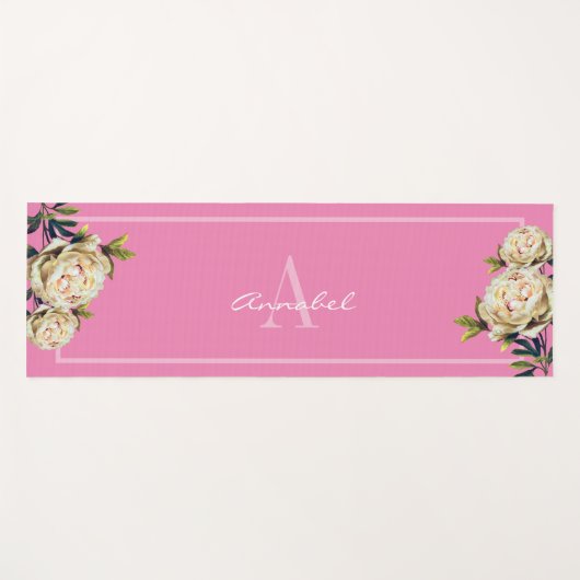 White Rose monogrammed roze Yogamat (Voorkant (horizontaal))