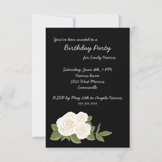 White Rose on Black Birthday Invitation Kaart (Voorkant)