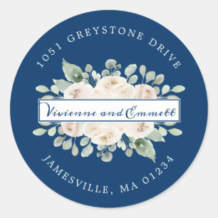 White Rose op Navy Floral Retouradres Label